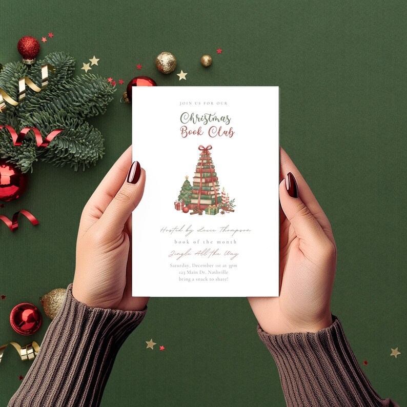 Christmas Book Club Invitation, Book Club Flyer, Holiday Book Exchange, Instant Download image 1