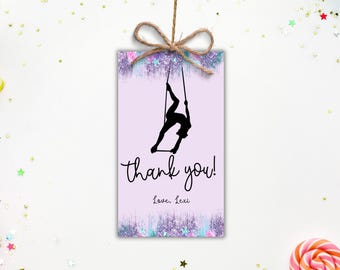 Etiqueta de agradecimiento, etiqueta de obsequio, etiqueta de regalo con telas aéreas, purpurina morada, descarga instantánea