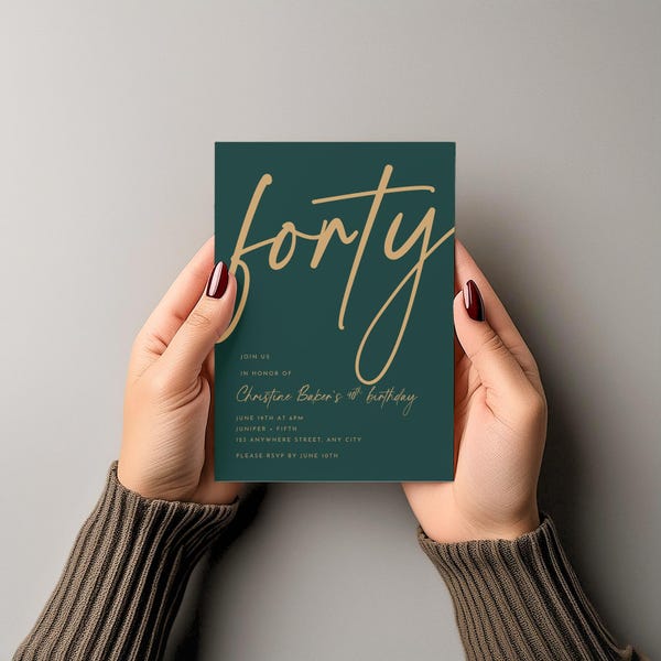 Modern 40th Birthday Invitation – Minimalist Canva Template | Elegant Green & Gold Party Invite | Adult Birthday Editable Download