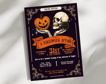 Halloween Party Invitation Template, Vintage Gothic Halloween Invite, Editable Canva Invitation, Spooky Halloween Party