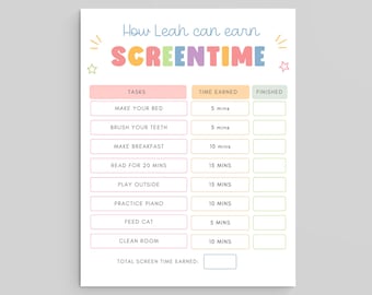 Printable Screentime Tracker for kids, Screen Time Reward Chart, Chore Chart, Instant Download