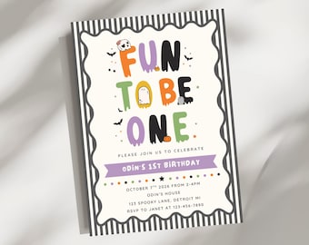 Fun to Be One Halloween Birthday Invitation, Editable First Birthday Invite Template, Spooky Cute Ghost Pumpkin Bat, Instant Download