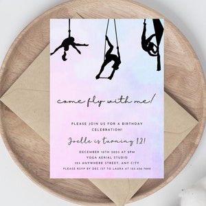 Invitation à la fête d’anniversaire des soies aériennes pour filles, gymnastique aérienne, soies de yoga, cirque, téléchargement instantané