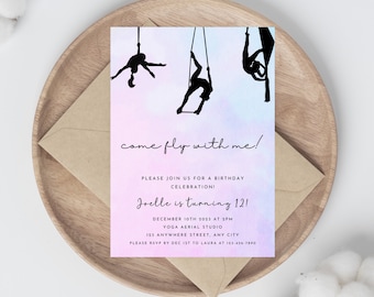 Girl's Aerial Silks Birthday Party Invitation, Aerial Gymnastics, Yoga Silks, Circus, Instant Download