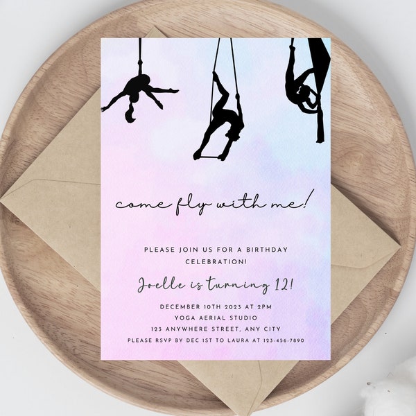 Girl's Aerial Silks Birthday Party Invitation, Aerial Gymnastics, Yoga Silks, Circus, Instant Download