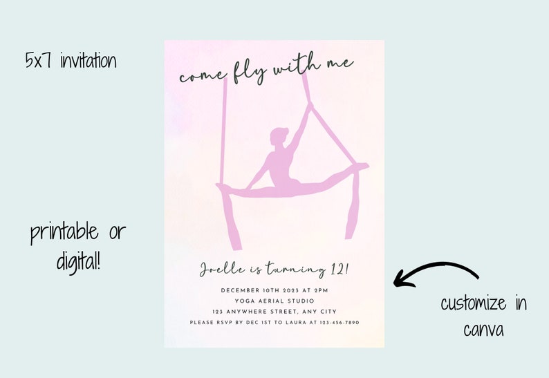 Girl's Aerial Silks Birthday Party Invitation, Trapeze Birthday, Yoga ...