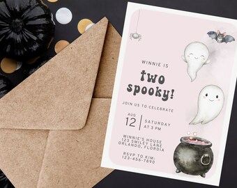 Girl's Two Spooky Halloween Birthday Party Invitation Template, 2nd Birthday, October Birthday, Cute Ghost, Cute Spooky, Instant Download