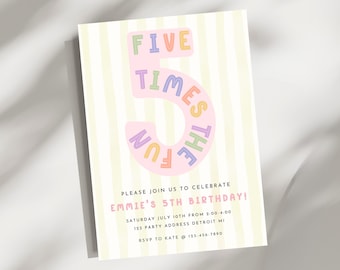 Pastel 5th Birthday Invitation Template Five Times the Fun,  Girly Kids Birthday Party Invitation , Instant Download
