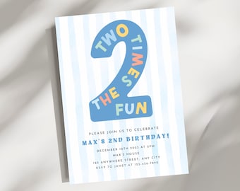 Two Times the Fun Birthday Invitation Template, Boy's 2nd Birthday Party Invite, stripes, Pastel Invitation