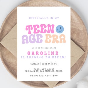 Girl's 13th birthday Invitation Template, Retro Teenage Era, pink, purple, and blue, Instant Download