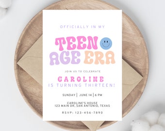 Girl&#39;s 13th birthday Invitation Template, Retro Teenage Era, pink, purple, and blue, Instant Download