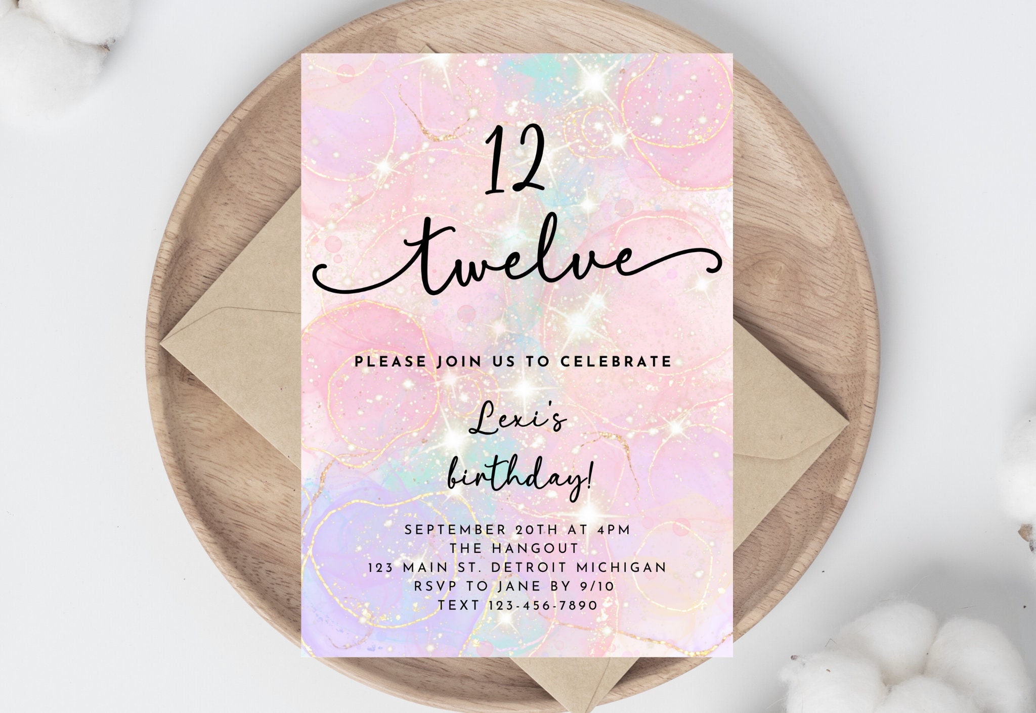 Birthday Invitation, Girl's 12th Birthday Party, Pastel Pink, Blue ...