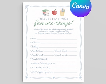 Teacher Favorite Things Questionnaire Template, Teacher Favorites List, Meet the Teacher Printable, Back to School, Teacher Appreciation