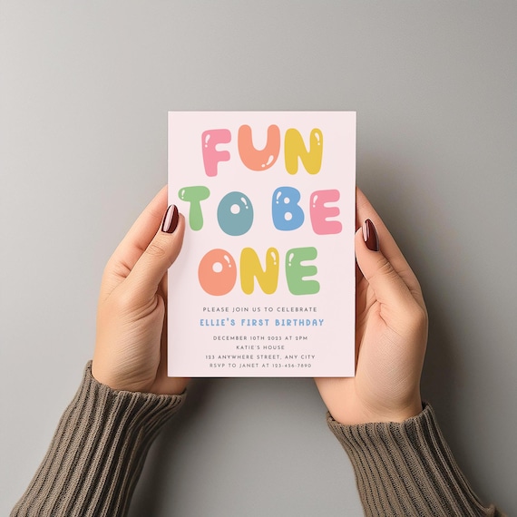 Fun to be One 1st Birthday Invitation, Whimsical Rainbow Bubble Letter Invite, Girl’s First Birthday Party, Editable Canva Template