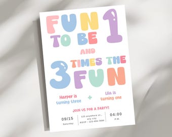 Joint Birthday Party Invite, Rainbow First and Third Birthday Party, Fun to be one, Three times the fun, Kid's birthday, Instant Download