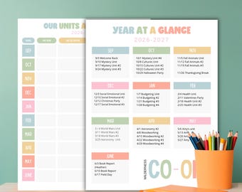 Homeschool Co-Op Planner Template, 2026–2027 Year at a Glance, Printable