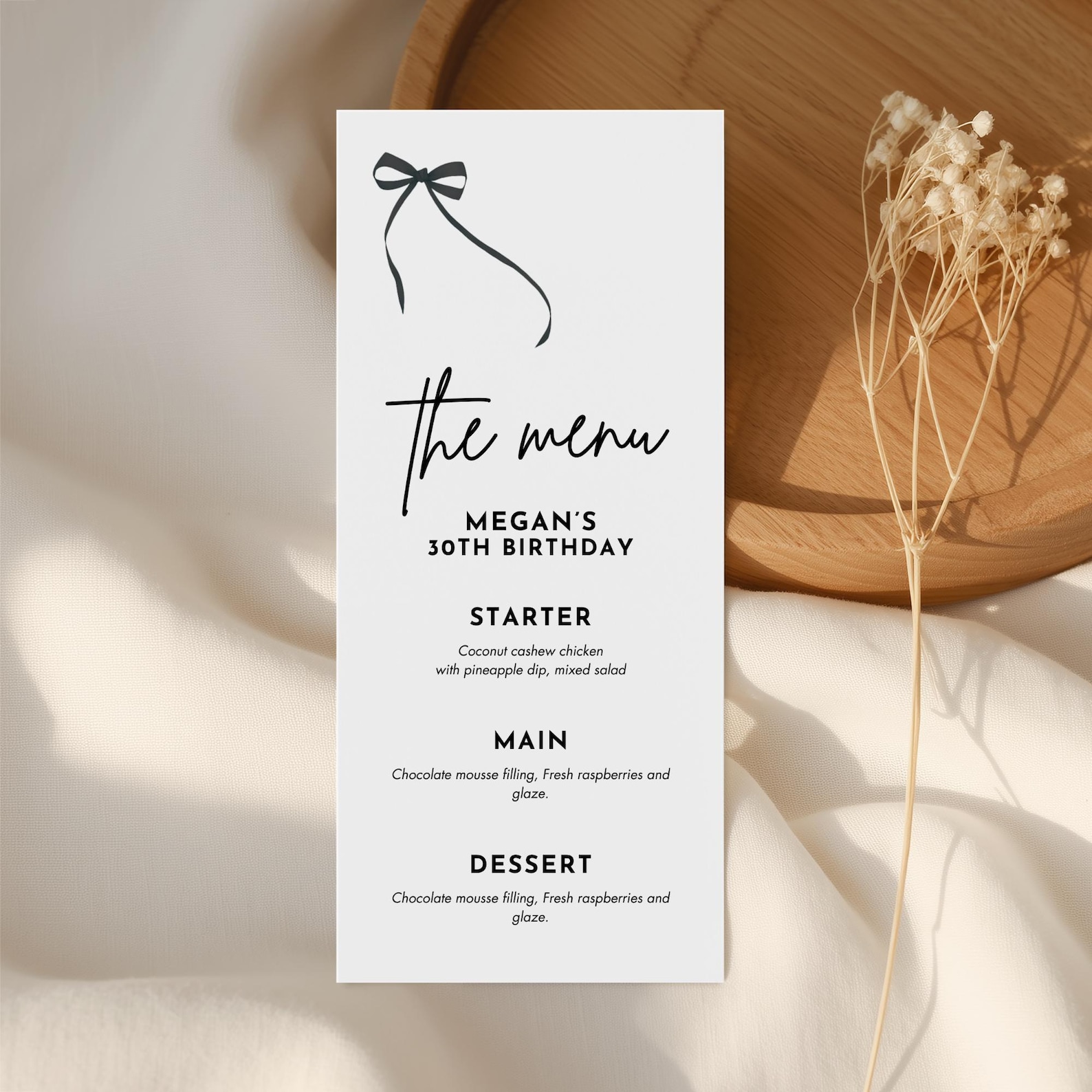 Black Bow Menu Template – Printable Party & Event Menu, Birthday ...