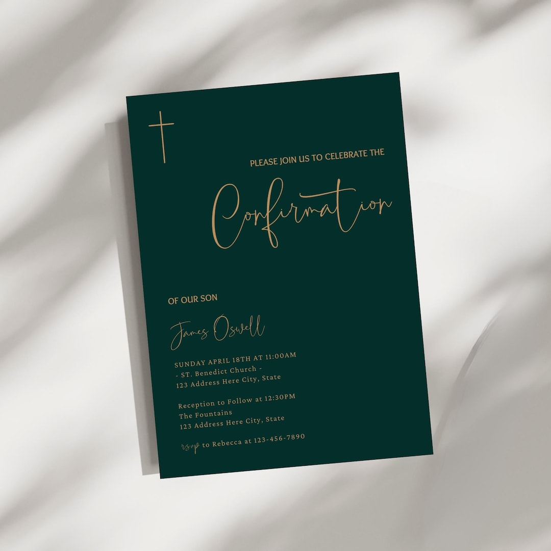 Modern Confirmation Invitation Template, Editable Green Gold ...