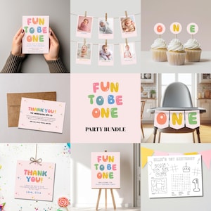 May include: A selection of party decorations with a 'Fun to be One' theme. Includes invitations, photos, cupcake toppers, a high chair banner, a welcome sign, and a thank you card. The colour scheme is pastel with rainbow accents.