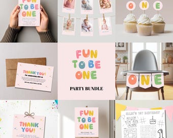 Pakiet Deluxe na pierwsze urodziny „Fun to be One”, różowy, pierwsze urodziny dziewczynki, zaproszenie i więcej, do natychmiastowego pobrania