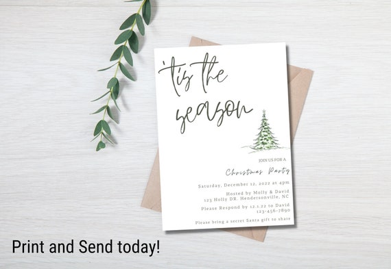 Christmas Party Invitation, Secret Santa Invitation, Tis the season, Minimalist Holiday Party Invitation, Editable Instant Download
