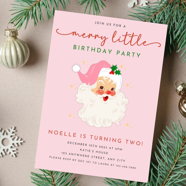 Girl's Christmas Birthday Invitation, Merry Little Christmas Party, Pink Vintage Santa, Winter Birthday, Instant Download