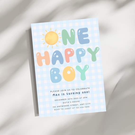 One Happy Boy First Birthday Invitation, Sunshine 1st Birthday, Blue Gingham Invite, Instant Download