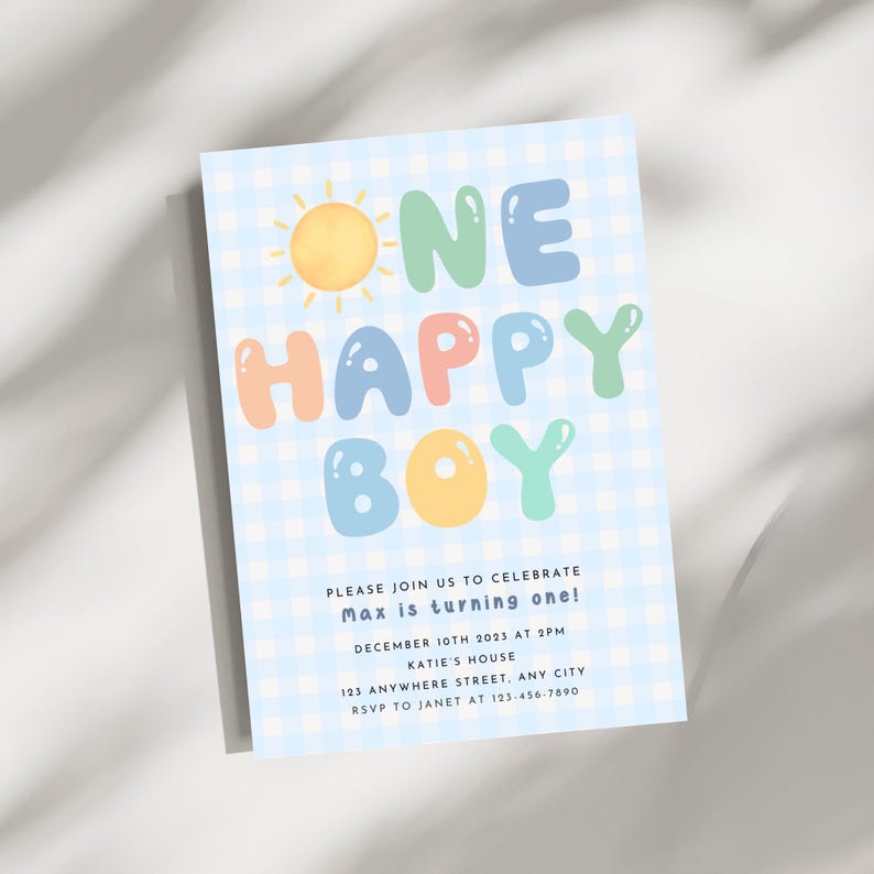 One Happy Boy First Birthday Invitation, Sunshine 1st Birthday, Blue Gingham Invite, Instant Download image 1