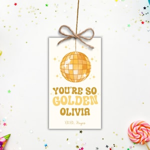 Etiquetas douradas para lembrancinhas de aniversário, etiqueta personalizada com nome, discoteca, download instantâneo