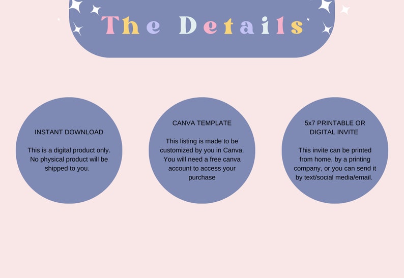 May include: A digital download for a printable or digital invitation. The invitation is a Canva template that can be customized. The invitation is 5x7 inches and can be printed at home or by a printing company.