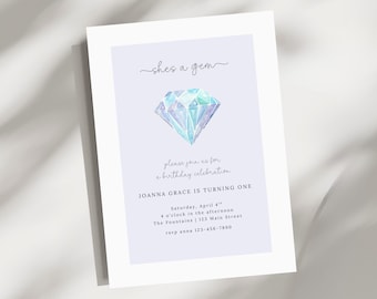 She’s a Gem First Birthday Invitation | Gemstone Birthday Invite | Girl 1st Birthday | Diamond Theme Party | Editable Canva Template