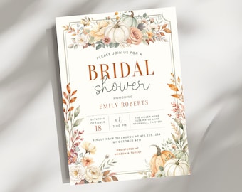 Fall Bridal Shower Invitation Template, Editable Pumpkin Bridal Shower Invite, Autumn Floral Wedding Shower Invitation
