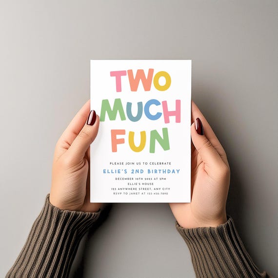 Second Birthday Invitation, Two Much Fun Invite, Rainbow, Minimalist, Fun, Instant Download