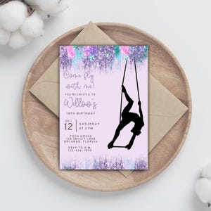 Gir's Aerial Silks Birthday Party Invitation, Girl's Yoga Acrobatics Invite, Purple Glitter, Instant Download