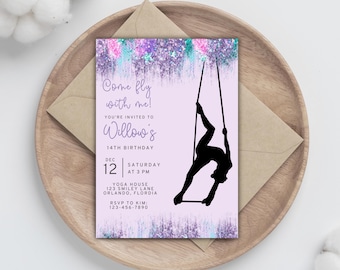Gir&#39;s Aerial Silks Birthday Party Invitation, Girl&#39;s Yoga Acrobatics Invite, Purple Glitter, Instant Download
