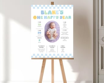 One Happy Boy First Birthday Milestone Poster, First Birthday Keepsake Sign, Milestone Board Blue and Green, Instant Download