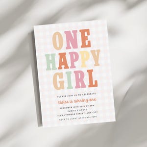 Convite de 1º aniversário para uma menina feliz, guingão, aniversário de outono, festa de primeiro aniversário para menina, download instantâneo, xadrez, verde-sálvia e rosa-poeira