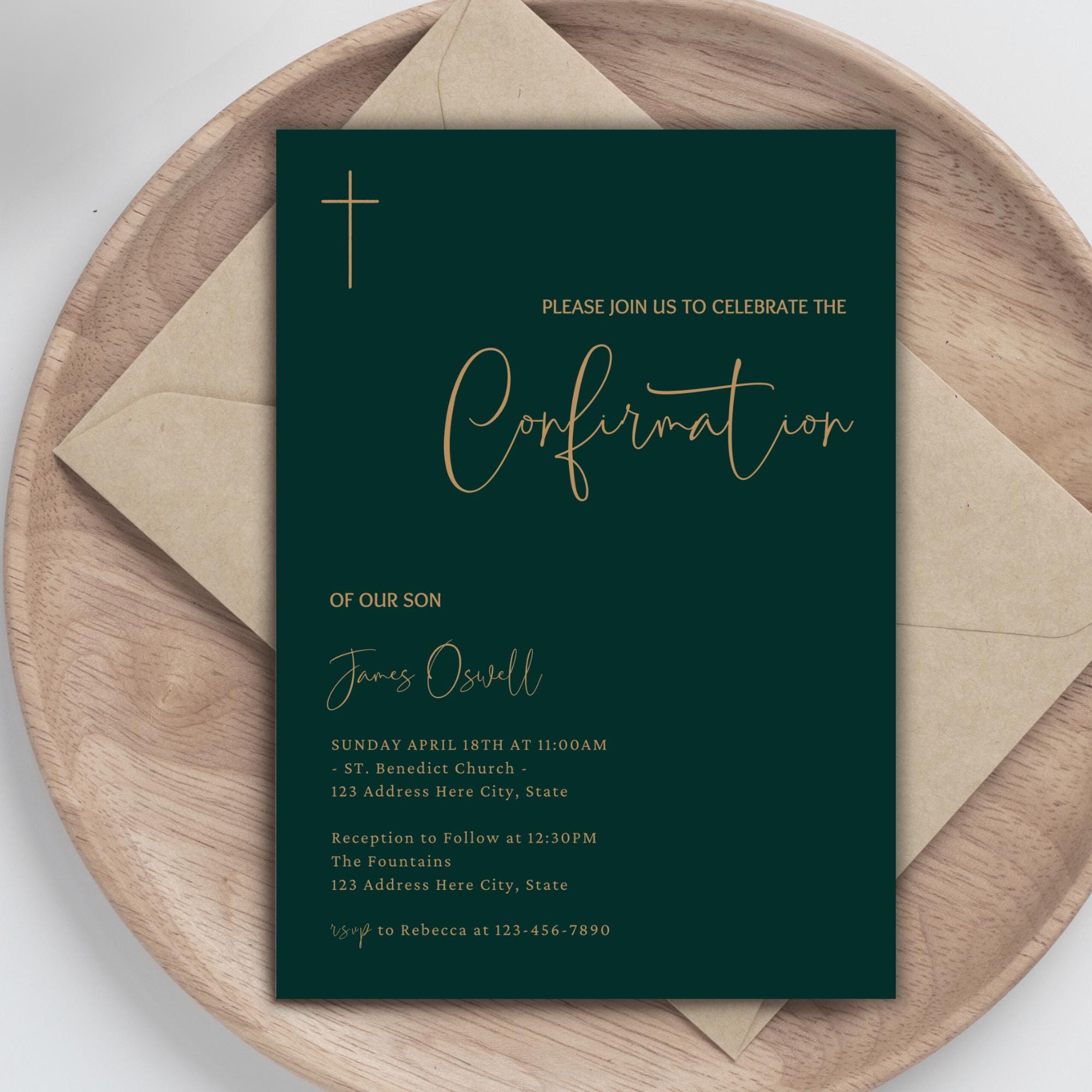 Modern Confirmation Invitation Template, Editable Green Gold ...