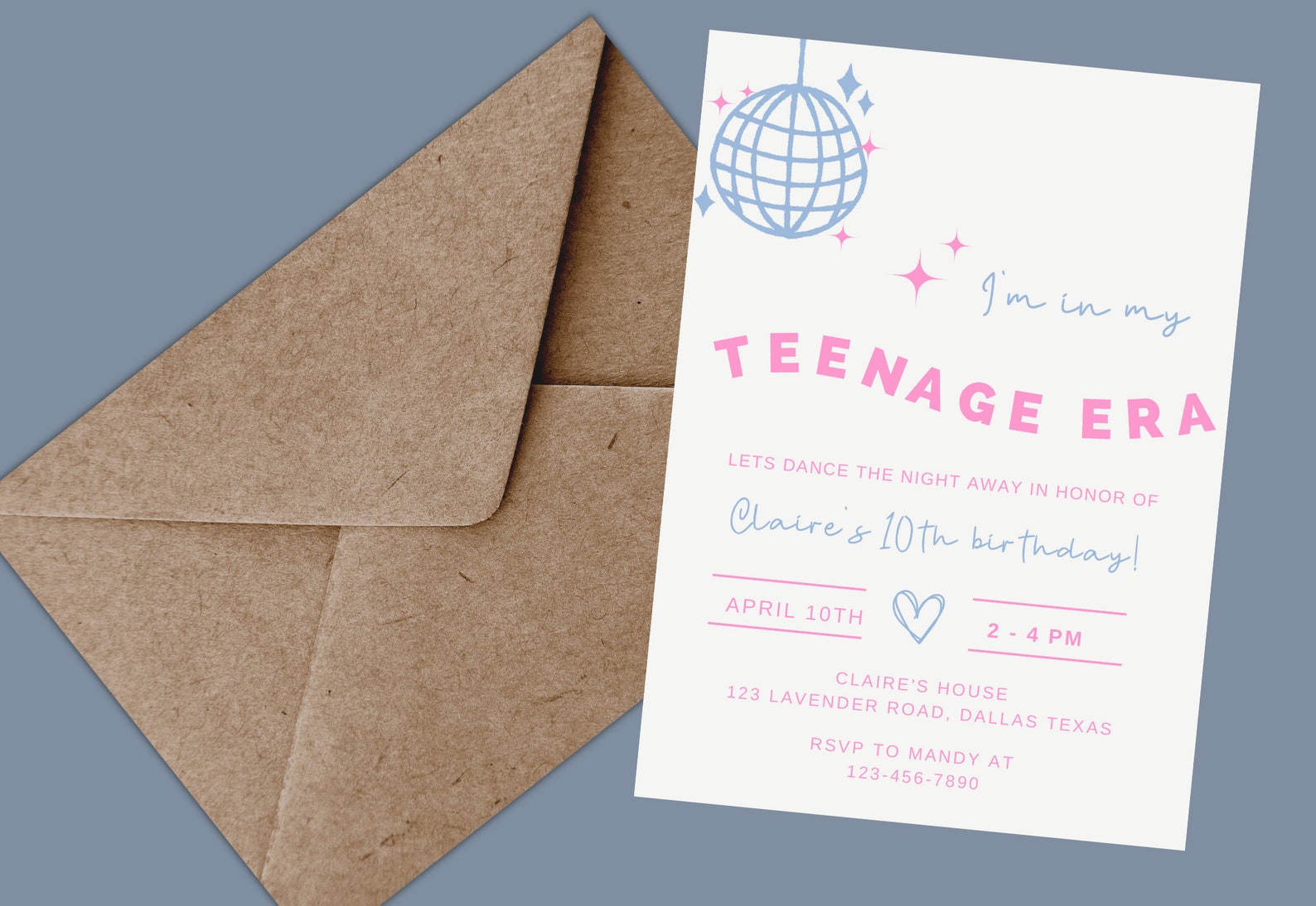 Girl's 13th Birthday Invitation Template, Pink and Blue Teenage Era ...