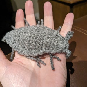 May include: A gray crocheted plush toy shaped like a pill bug. The toy has segmented body parts and six pairs of legs.