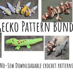 Può includere: Una collezione di modelli di geco all'uncinetto in vari colori e stili. L'immagine presenta diversi giocattoli di geco fatti a mano, tra cui un geco bianco e crema, un geco blu con macchie arancioni e un geco verde con macchie rosse. Il testo recita "Gecko Pattern Bundle".