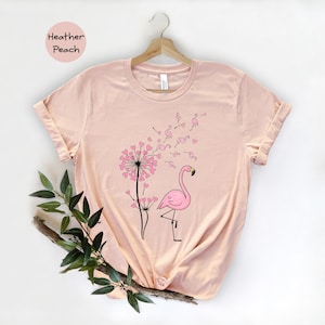 Flower Dandelion Pink Flamingo T‑shirt, Tropical Bird Floral Tee, Botanical Flamingo Shirt, Cute Nature Gift