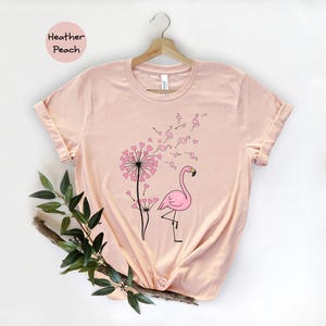 Flower Dandelion Pink Flamingo T‑shirt, Tropical Bird Floral Tee, Botanical Flamingo Shirt, Cute Nature Gift