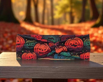 Handmade Pumpkin Twist Headband, Halloween Jack-o'-Lantern Print Hair Wrap