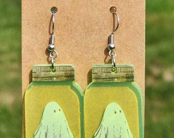 Ghost Jar Earrings, Spooky Halloween Acrylic Dangle Jewelry, Lightweight Fall Accessory