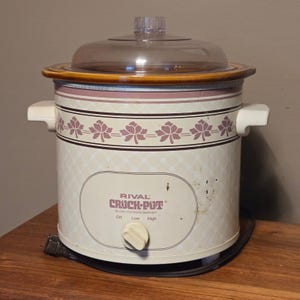 Vintage Rival Crock-Pot Långkokare Serveringskärl Cream Mauve Floral Lattice 3,5 Qt