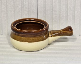 Vintage Two Tone Brown Cream Stoneware French Onion Soup Bowl Crock with Handle