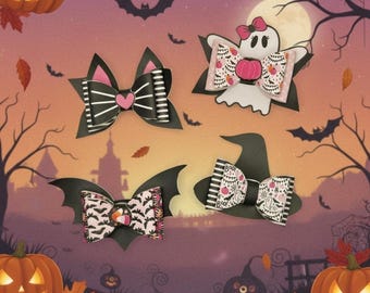 Halloween Hair Clips | Faux Leather Bat Ghost Witch Hair Bows | Spooky Pink & Black Hair Accessories