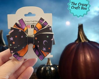 Halloween Faux Leather Hair Bow | Ghost, Moon, Stars, Spider Prints