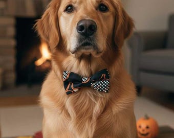 Orange Pumpkin Print Bow Tie Collar Accessory | Handmade Pet Outfit for Dogs & Cats